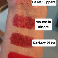 Lipstick swatches on a wrist labeled 'Ballet Slippers', 'Mauve in Bloom', 'Perfect Plum', and 'Red Poppies'.