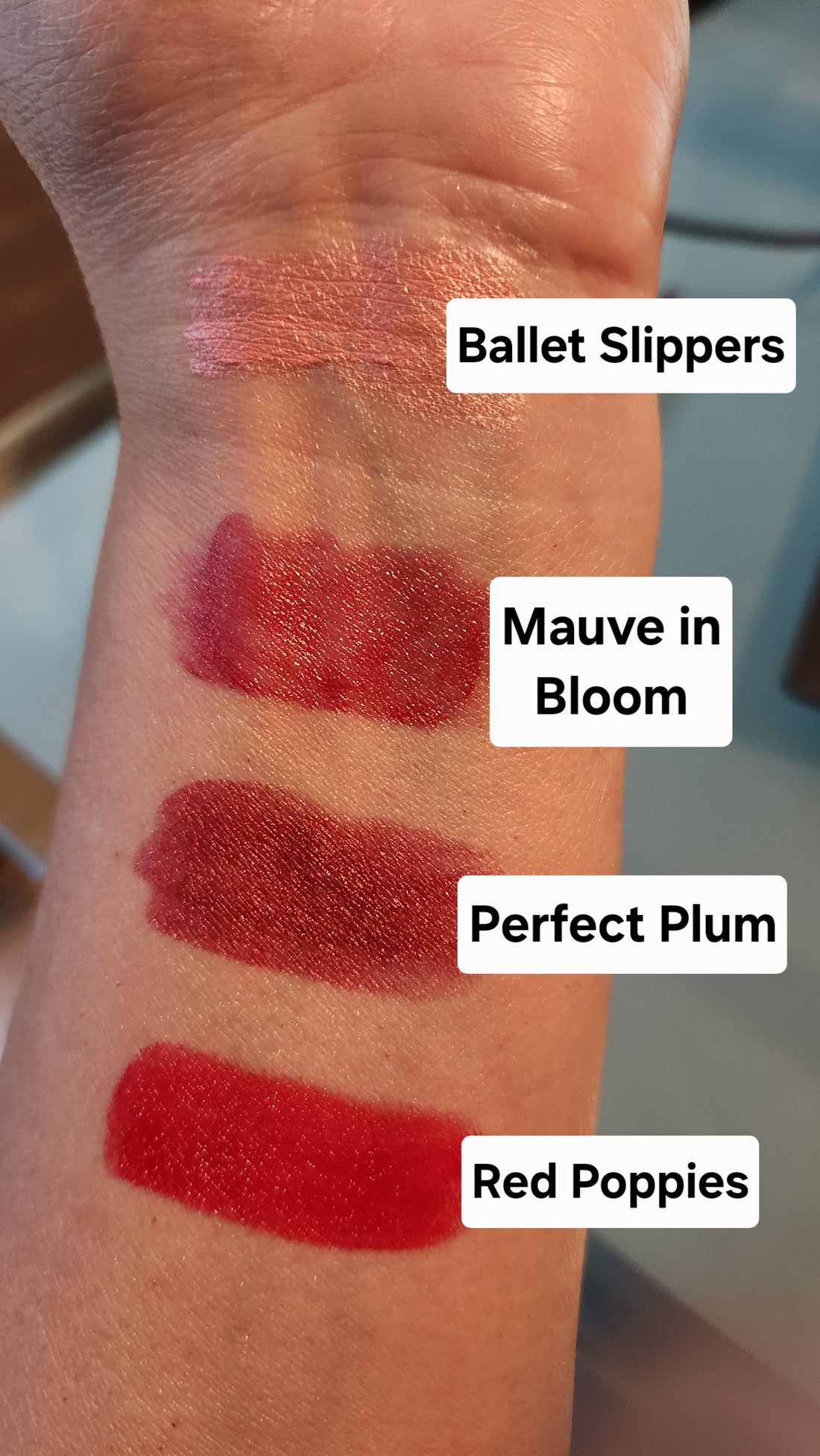 Lipstick swatches on a wrist labeled 'Ballet Slippers', 'Mauve in Bloom', 'Perfect Plum', and 'Red Poppies'.