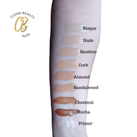 Liquid Foundation comes in Bisque, Nude, Bamboo, Cork, Almond, Sandalwood, Chestnut, or Mocha.