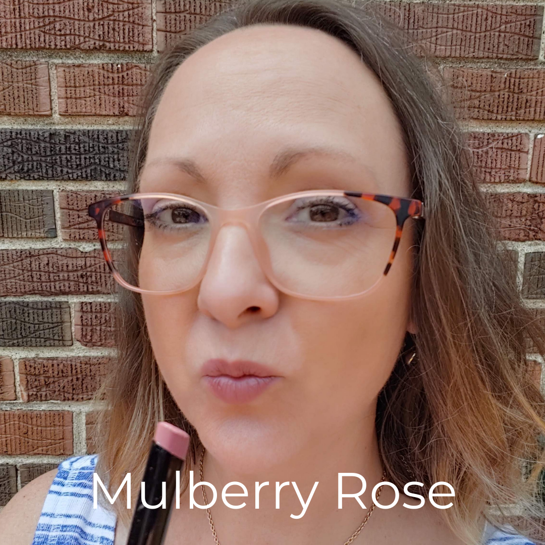 Mulberry Rose Luxe 'n Lavish Lipstick. Organic, Vegan, non-toxic, gluten-free, made in the USA, Leaping Bunny Certified. Model is wearing Mulberry Rose Lipstick, Black Mascara, Black Opal Eye Crayon, Bronze Eyeshadow Trio, Primer and Nude Foundation.